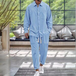 Light Blue Men's Button Down Long Sleeve Shirt & Pants Resort Outfit